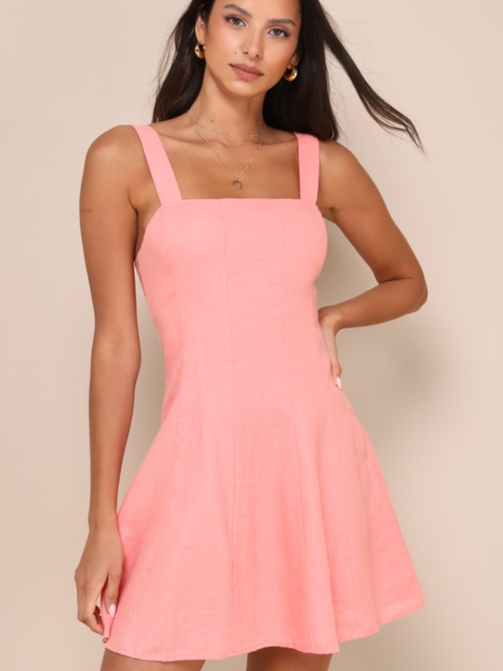 Lulus Undoubtedly Sweet Coral Pink Linen Sleeveless Mini Dress - Size M